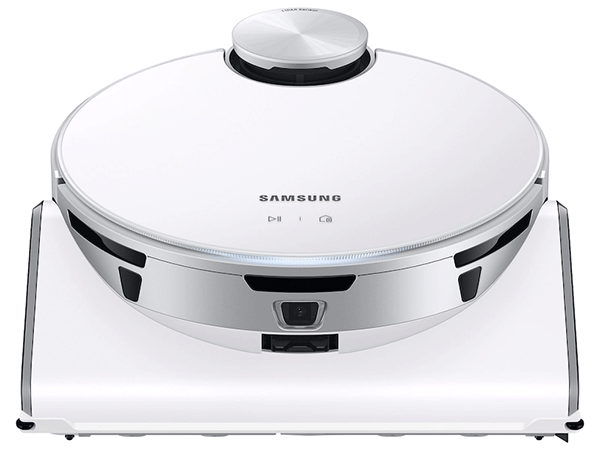 Close-up view of the Samsung JetBot 90 AI+ Robot Vacuum showing its camera for object recognition and sleek, circular design.