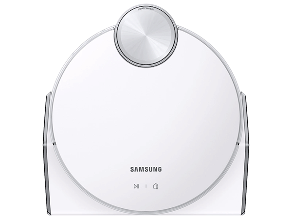 Top view of the Samsung JetBot 90 AI+ Robot Vacuum, highlighting its sleek, round shape and LiDAR sensor for advanced room mapping.