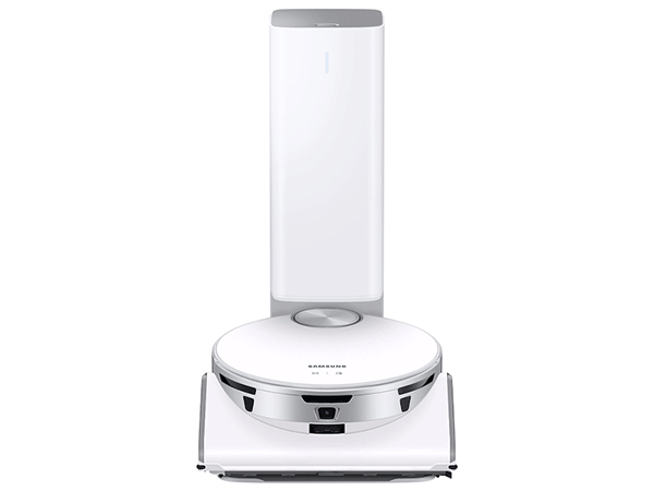 Front view of the Samsung JetBot 90 AI+ Robot Vacuum with Clean Station, emphasizing the device's sleek design and autonomous docking capability.