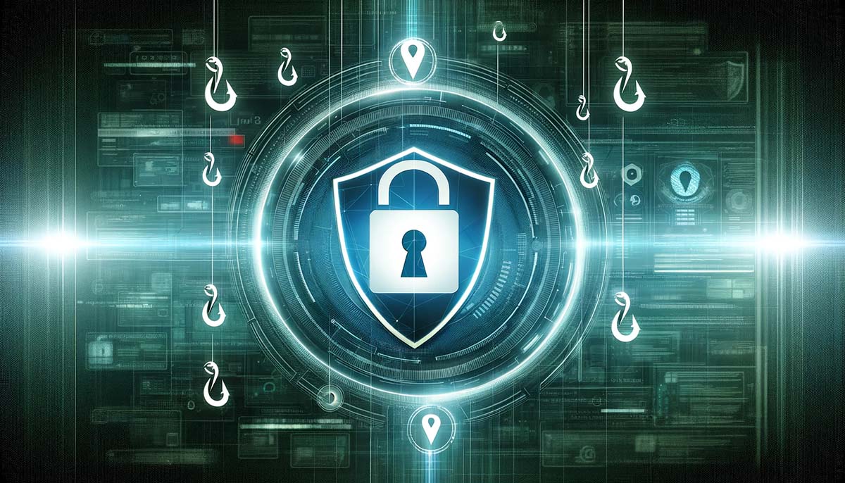 Digital cybersecurity landscape with phishing protection icons, featuring a prominent shield and lock symbol amidst a backdrop of cool blues and greens, symbolizing robust protection against phising and social engineering threats in a futuristic tech environment.